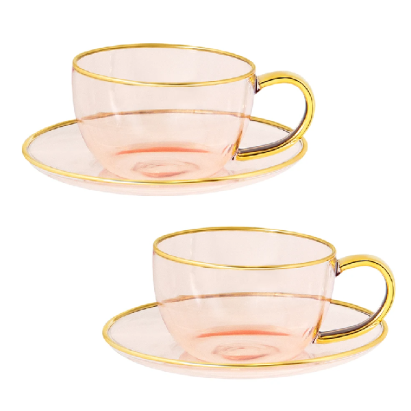 Cristina Re Tea Cup and Saucer Rose Glass Set of 2